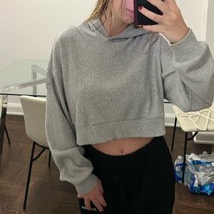 Alo grey ribbed material cropped hooded long sleeve